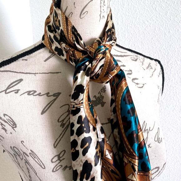 Satin Square Leopard Chain Bit Bridle Boho Scarf Neck teal blue Old Money 💖 - Picture 13 of 16